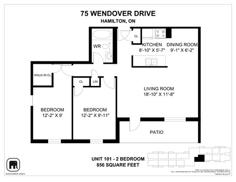 Floor plan for 2 beds, 1 bath, 849 sqft